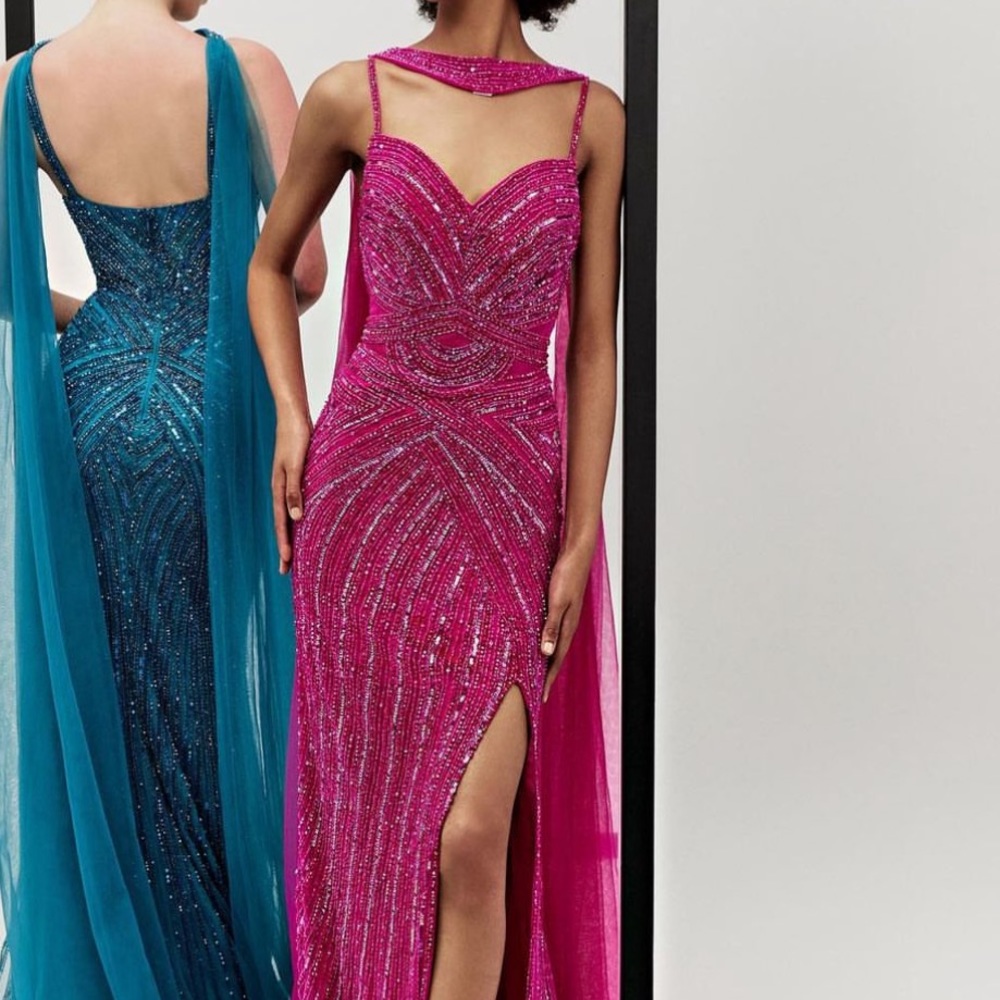Catwalk couture beaded fuchsia evening gown